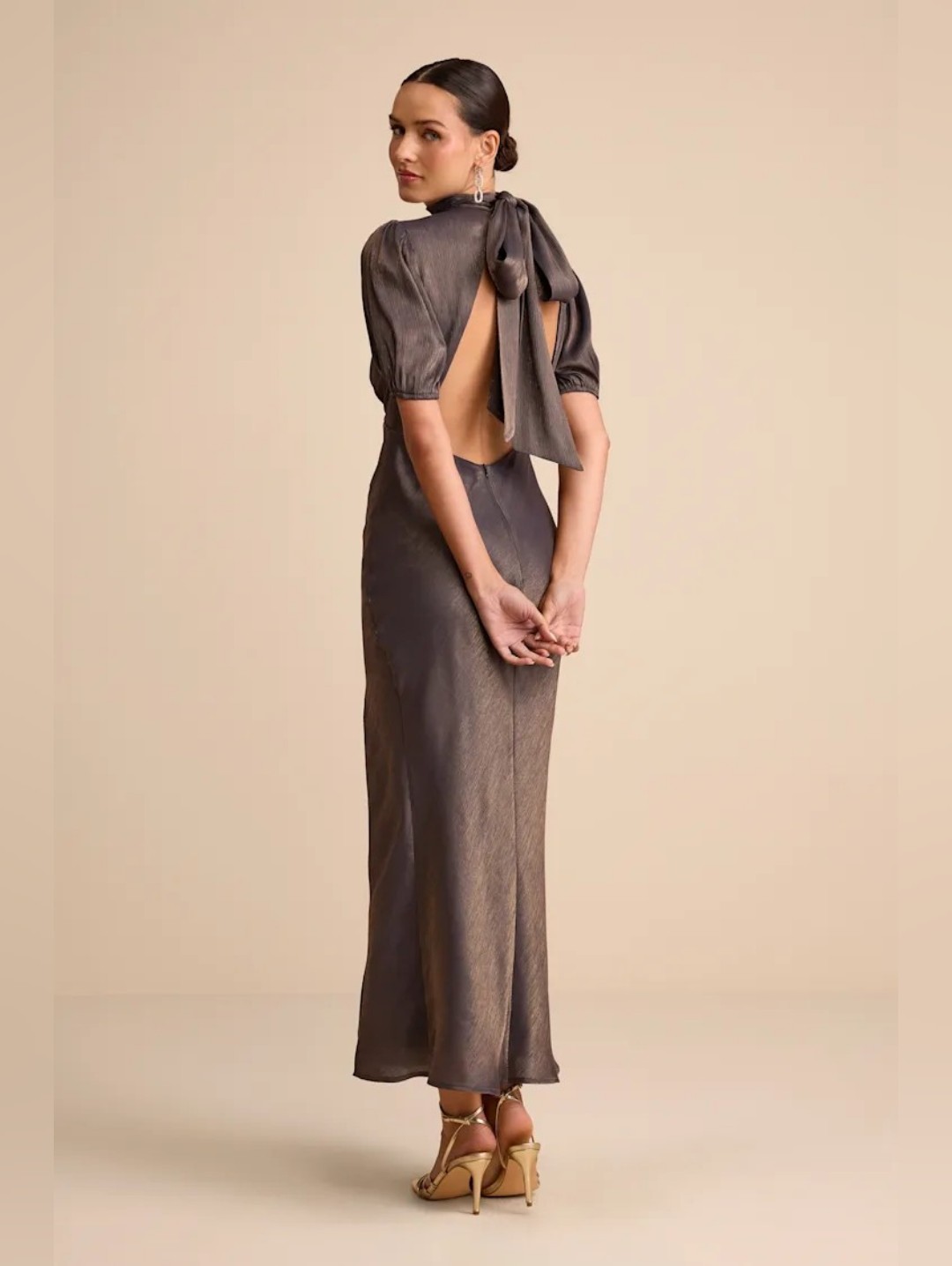 Lulus Talira Taupe Satin Lurex Maxi Dress
